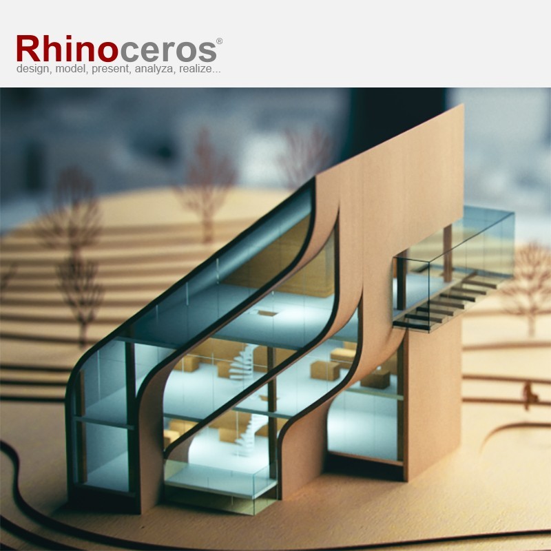 O Rhinoceros é um programa fantástico com a precisão habitual dos programas de CAD e com o potencial de gerar modelos 3D de forma muito intuitiva. Permite desenvolver modelos 3D conceptuais, maquetas virtuais, diagramas e imagens 3D para apresentação. É um software de referência para a criação de modelos 3D com formas orgânicas baseadas em superfícies NURBS.
O Rhino V-Ray é um motor de render associado ao Rhinoceros. É atualmente um dos melhores motores de render do mercado.