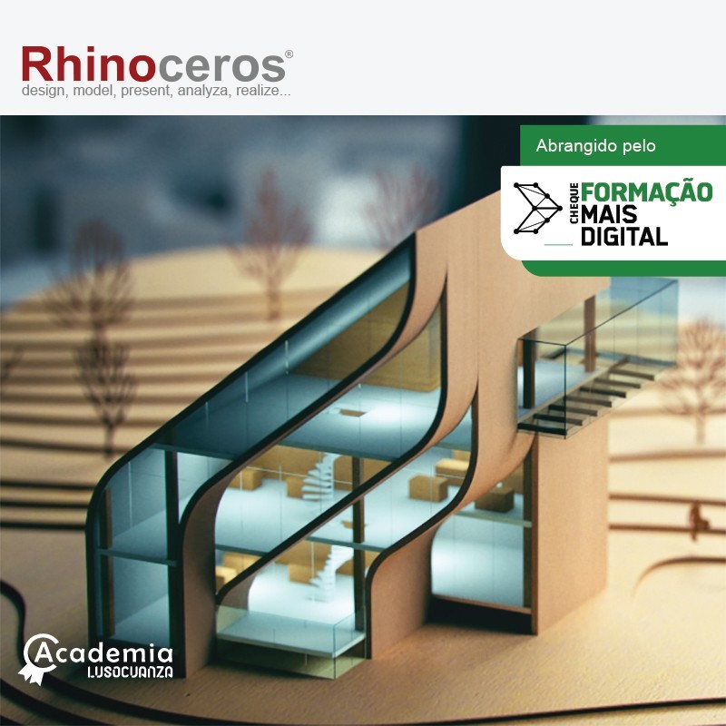 O Rhinoceros é um programa fantástico com a precisão habitual dos programas de CAD e com o potencial de gerar modelos 3D de forma muito intuitiva. Permite desenvolver modelos 3D conceptuais, maquetas virtuais, diagramas e imagens 3D para apresentação. É um software de referência para a criação de modelos 3D com formas orgânicas baseadas em superfícies NURBS.
O Rhino V-Ray é um motor de render associado ao Rhinoceros. É atualmente um dos melhores motores de render do mercado.